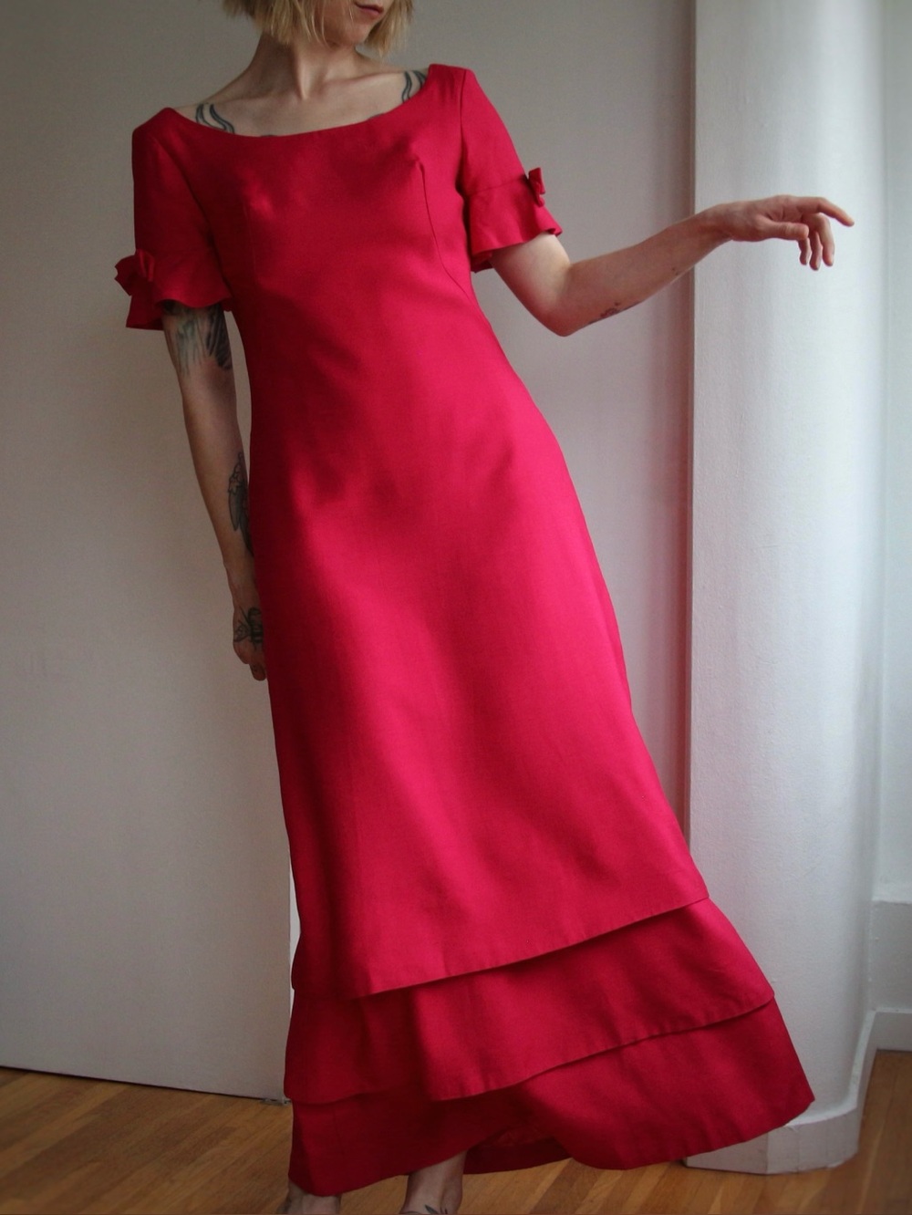 1960-70's Emma Domb Raspberry Pink Tiered Party Gown